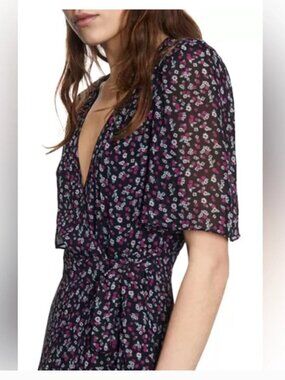 The Kooples Black Midi WraDress with Pink Floral Print - US size 27/28